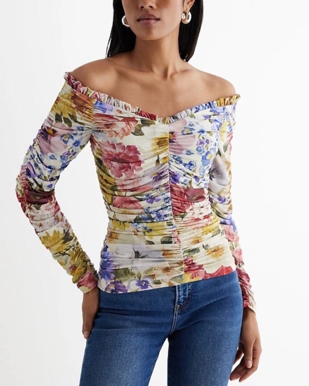 NWT Express Body Contour Romantic Floral Off The Shoulder Ruched Blouse Size XL